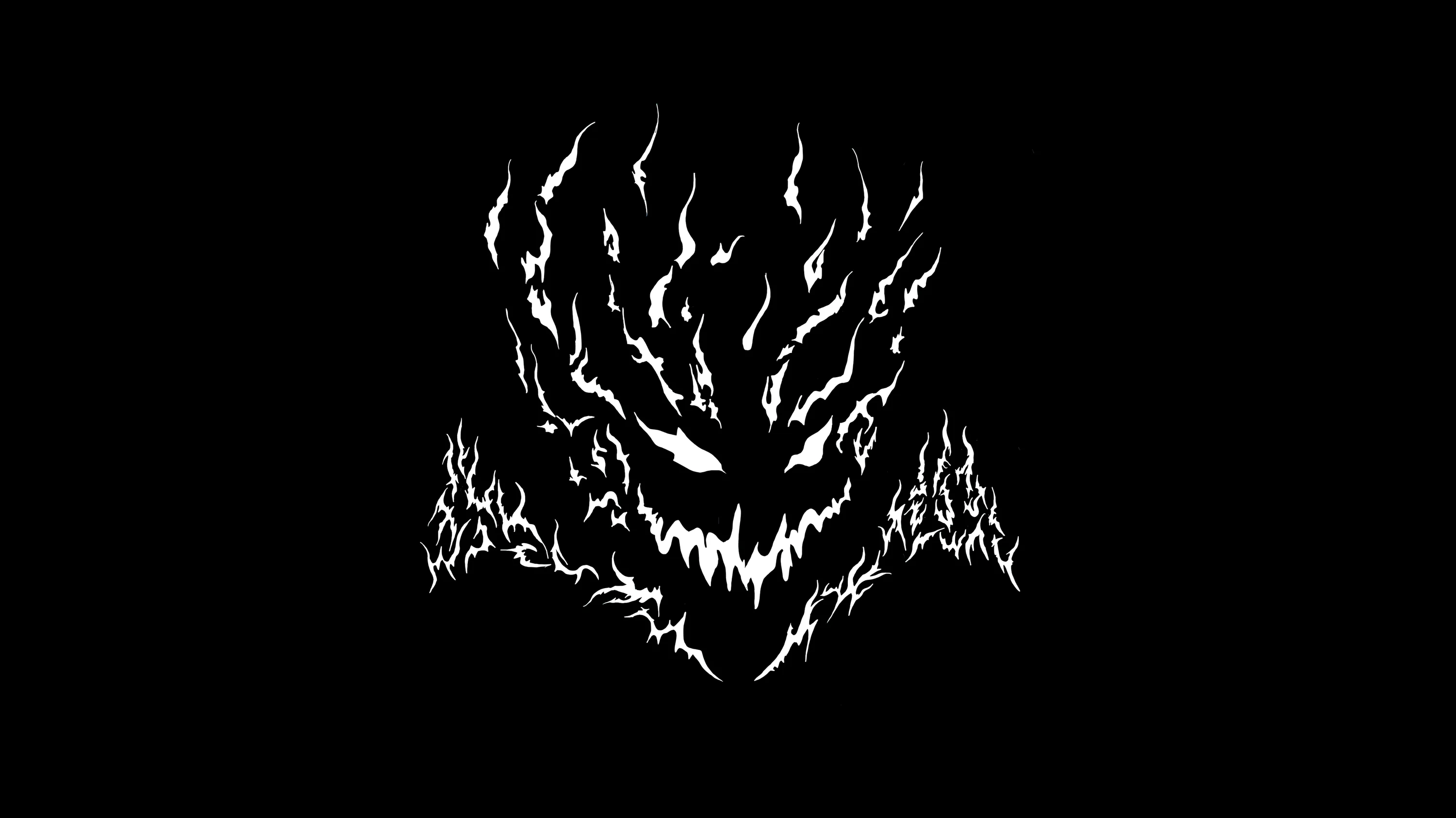 A snarling face drawn in ragged white strokes floats on solid black, the whole lower half of the frame left empty.