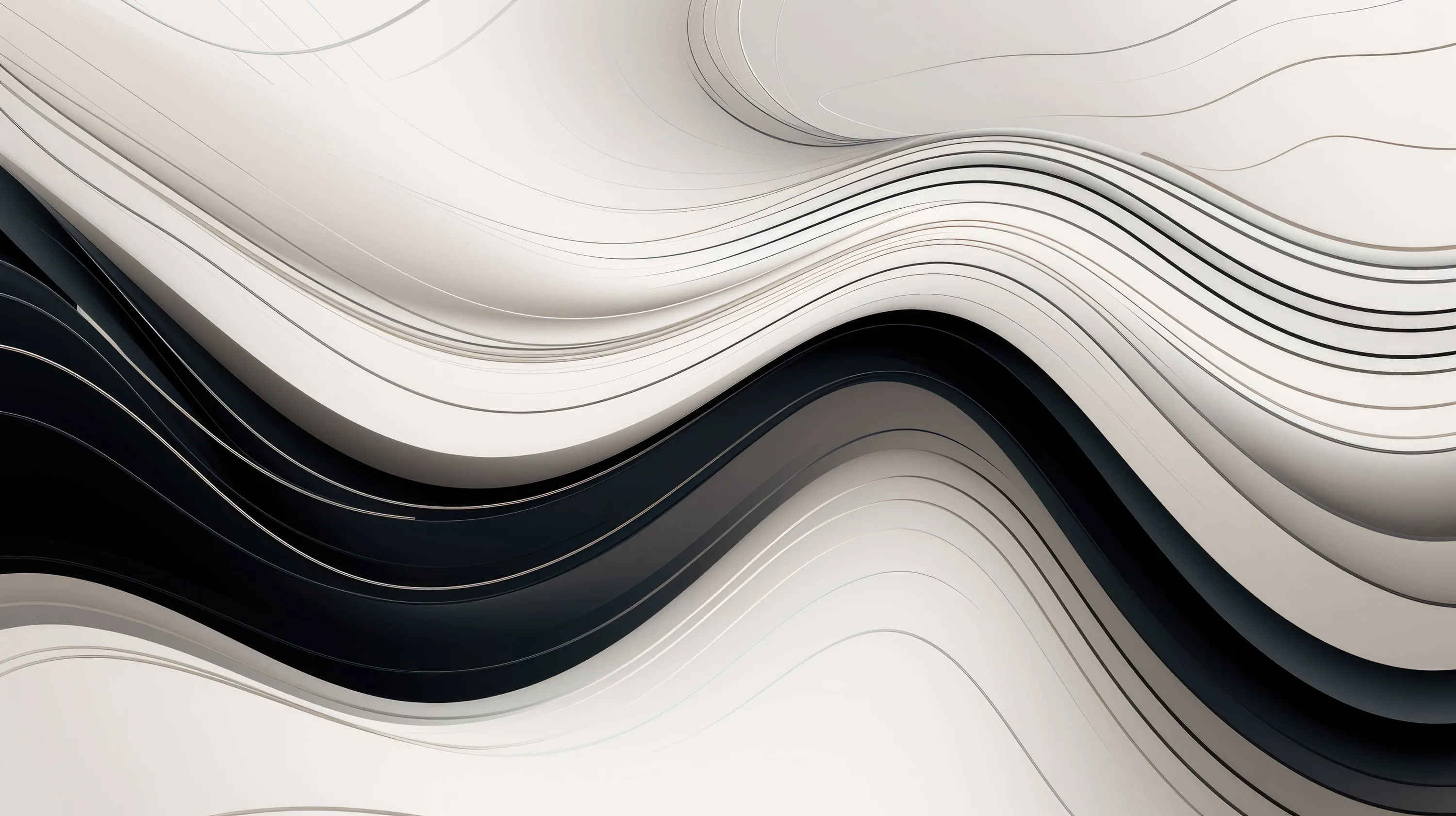 Stacked cream and off-white waves ripple across the frame, one glossy black band cutting through the lower half like a seam.