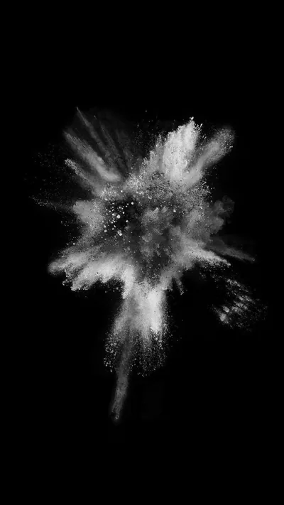 A burst of white powder freezes mid-air against solid black, particles trailing outward in every direction from a narrow stem at the bottom.