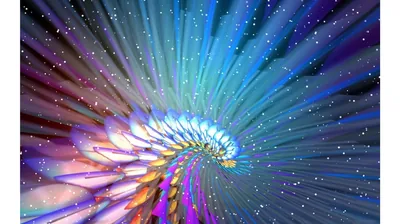 Feathered scales spiral out of the lower left like a bloom of petals, white sparkles scattered across the blue and violet rays that fill the rest.