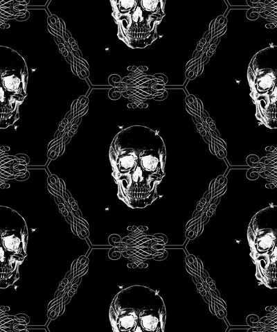 The same etched skull tiles down the frame in white on black, joined by ornamental knotwork with small bees between the rows.