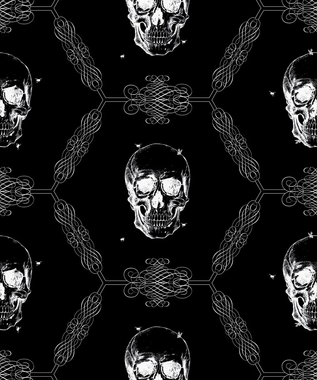 The same etched skull tiles down the frame in white on black, joined by ornamental knotwork with small bees between the rows.