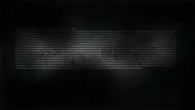 A dense band of tiny grey characters runs the full width of the frame like a wall of code, fading into a heavy vignette at all four corners.
