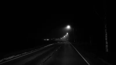 A wet road runs into the distance in monochrome, one street lamp burning bright overhead and the rest shrinking to dots along the treeline.