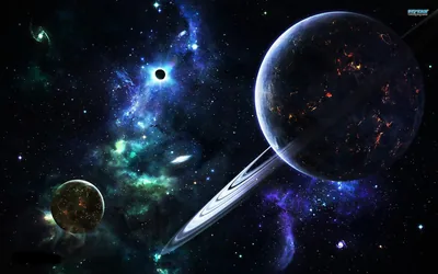 A cratered ringed planet dominates the right of this digital scene while an eclipsed star burns in a green nebula behind it, a small moon low on the left.