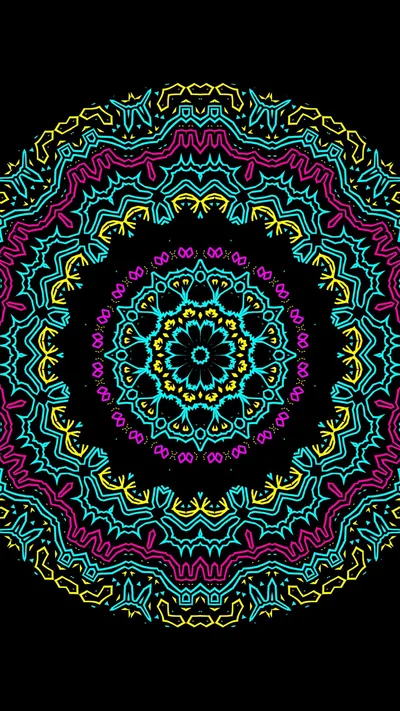 Concentric rings of lace-like ornament in teal, magenta and yellow, radiating from a small flower core on a pure black field.