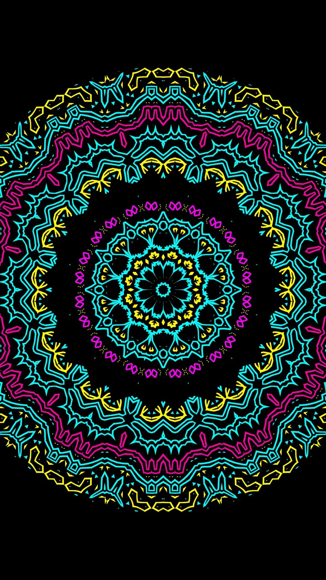 Concentric rings of lace-like ornament in teal, magenta and yellow, radiating from a small flower core on a pure black field.