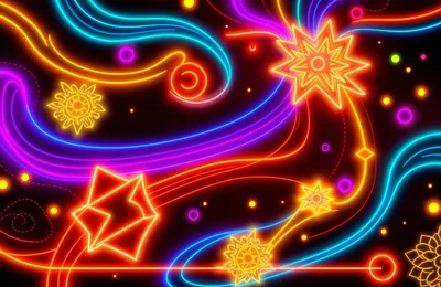 Orange eight-point stars anchor a tangle of blue, pink and gold neon streams on deep red-black, busy in every corner with no quiet space for widgets.