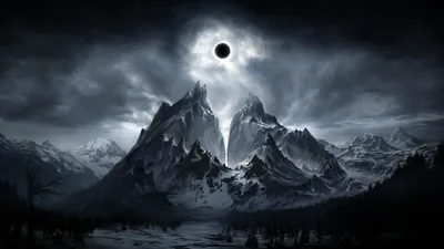 A black sun ringed in white hangs above a range of sharp snowy peaks, storm cloud filling the sky and a frozen lake below.
