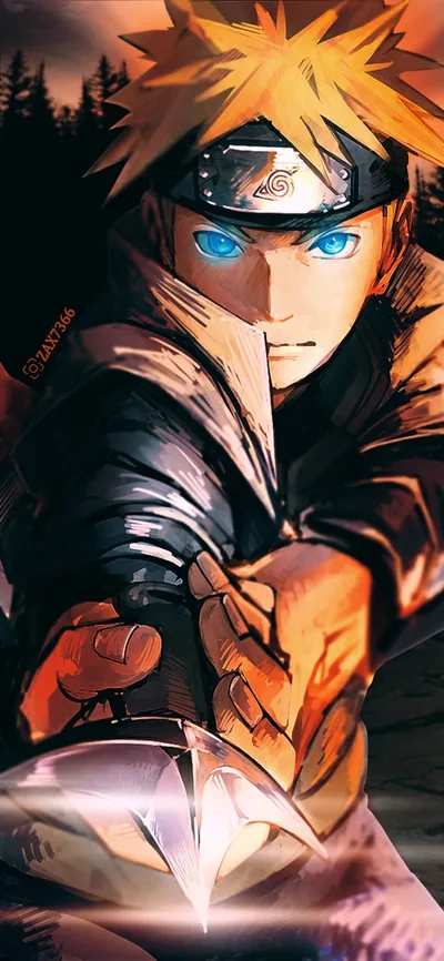Naruto lunges toward the viewer pulling a kunai from below, blue eyes sharp against a muted forest backdrop — his face sits high, clear of dock icons.