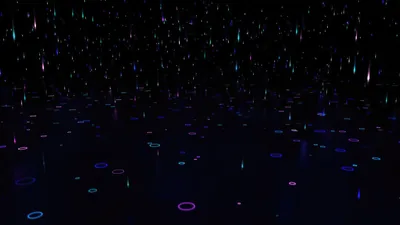 Thin streaks of light rain down onto a dark plane scattered with small pink and blue rings, most of the sky left black.