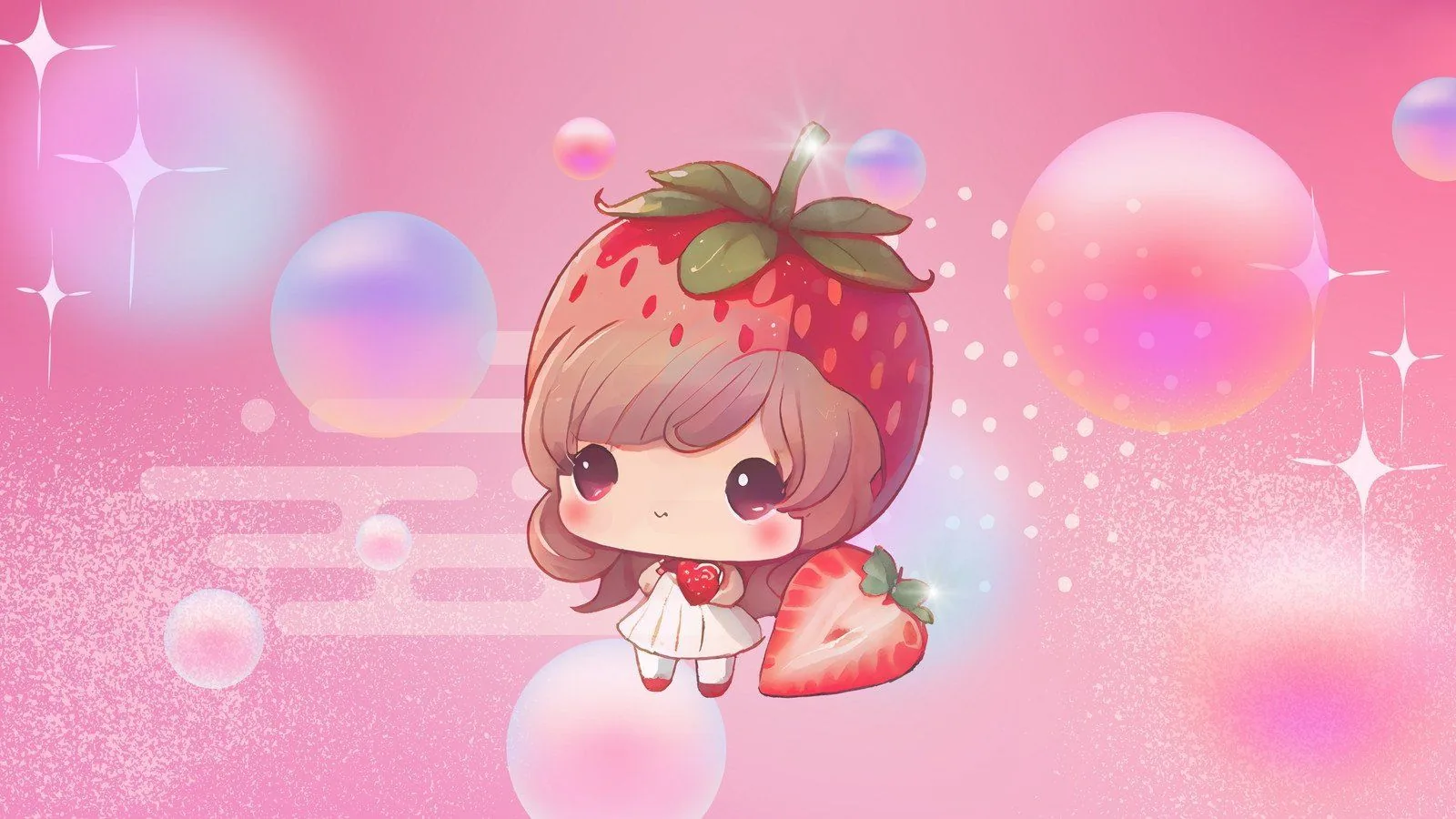 A chibi girl in a strawberry cap drifts mid frame among glossy bubbles, the rose gradient darkening toward the right corner where sparkles cluster.