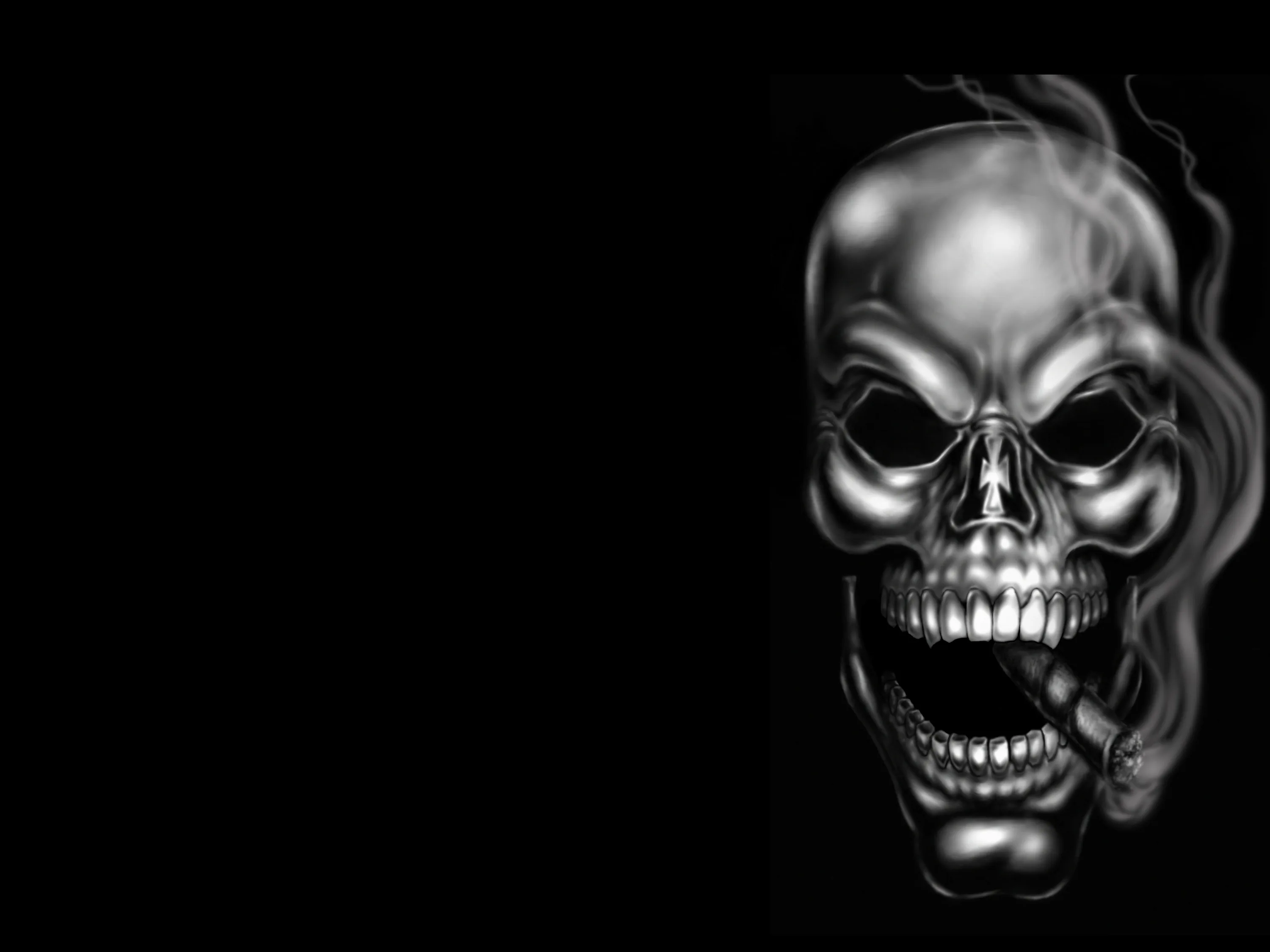 An airbrushed metallic skull grins on the right with a lit cigar between its teeth, smoke curling up while the left side stays black.