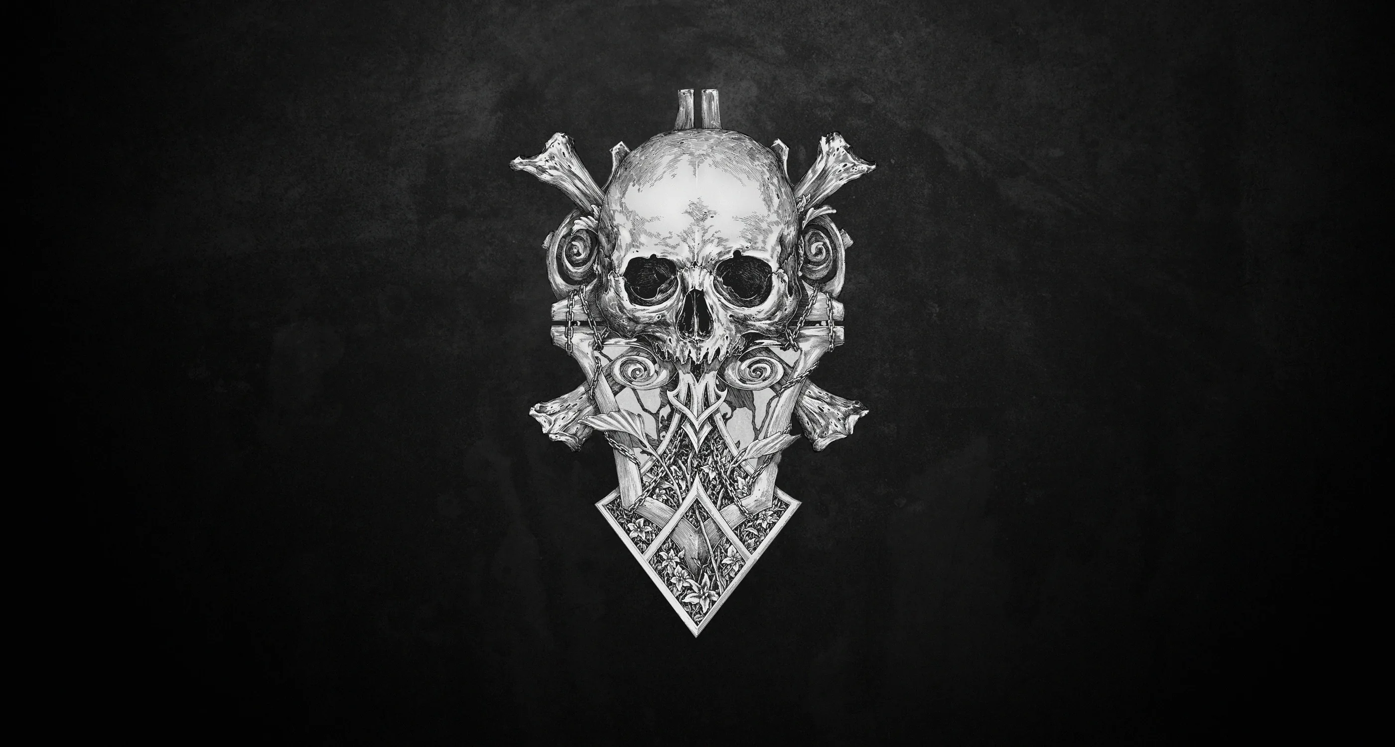 A hand-drawn skull over crossed daggers and a geometric crest, sketched in white chalk lines on a slate-black surface.