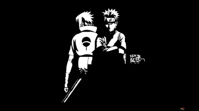 Two figures painted as solid white stencils on black, one gripping a sheathed katana and the other standing with hands in his pockets.
