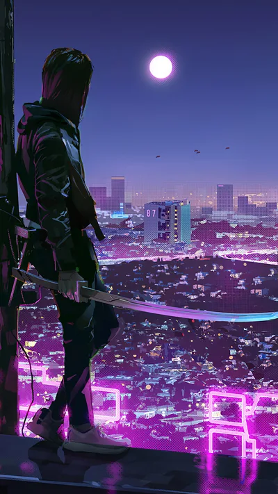 A swordsman leans against a beam on a rooftop ledge, a full moon and violet city sprawled behind — the top half dark enough for a clock.