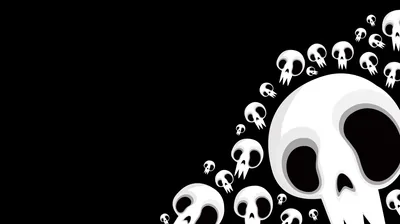 Rounded white cartoon skulls of every size drift in from the right corner and thin out toward the left, leaving that side clear.