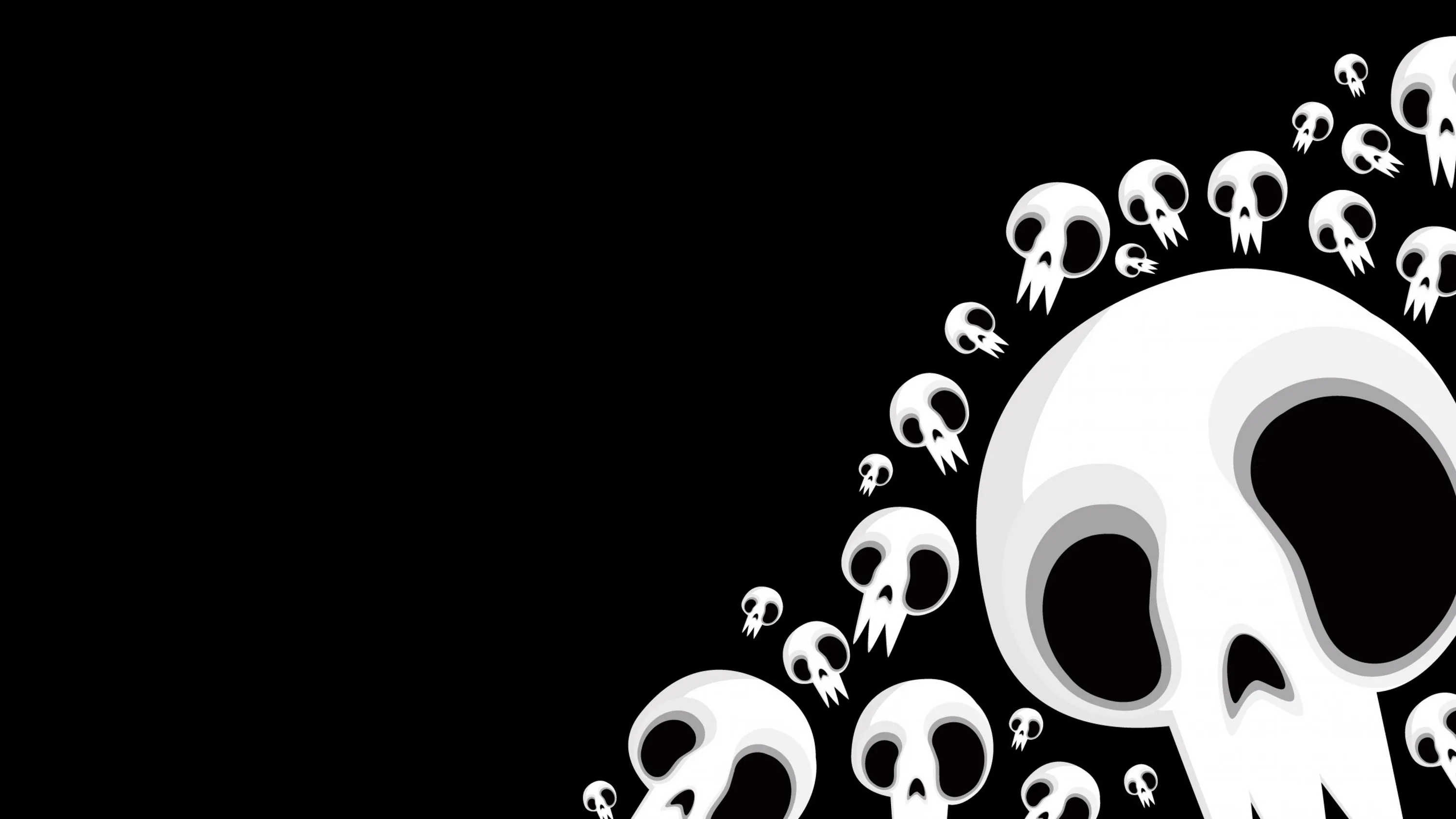 Rounded white cartoon skulls of every size drift in from the right corner and thin out toward the left, leaving that side clear.