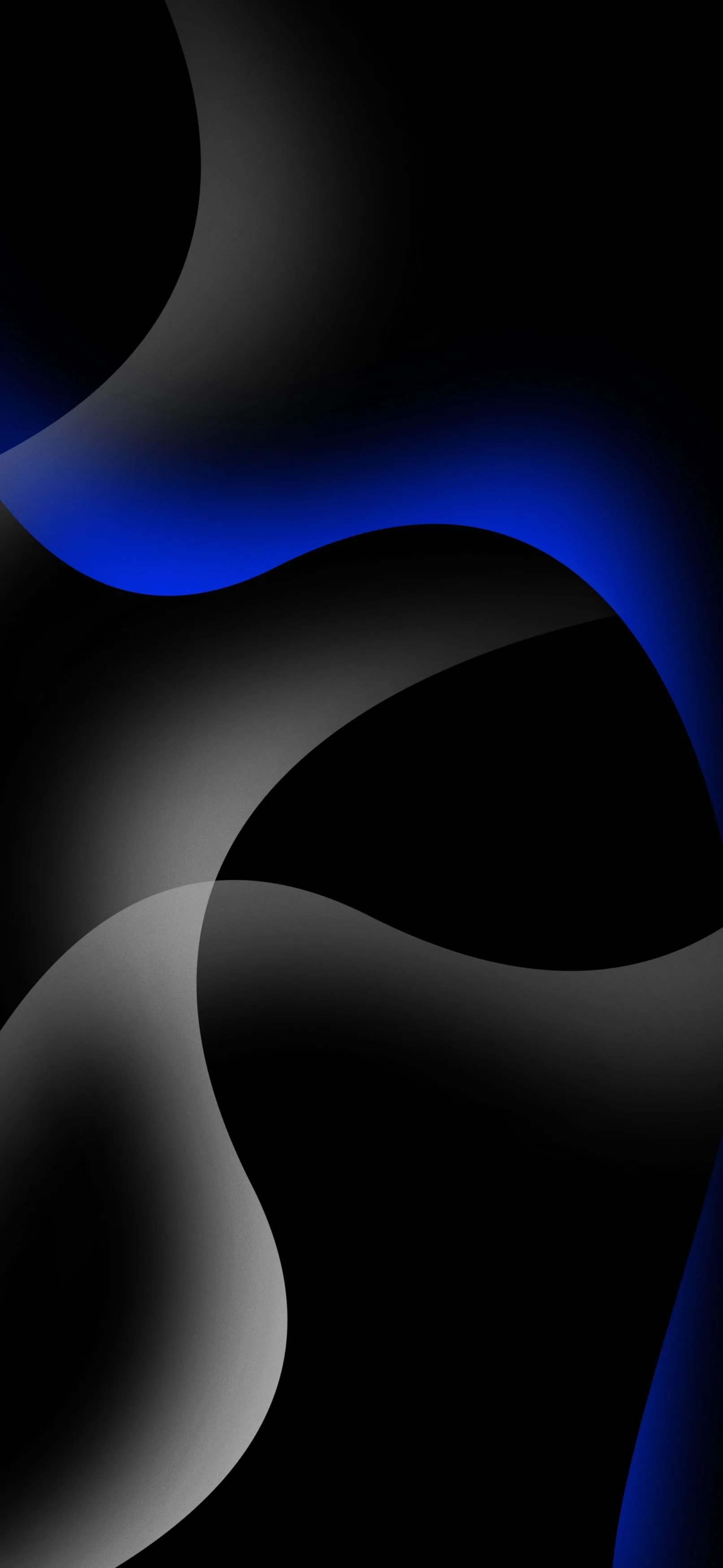 Smooth grey-white curves interlock down a black frame, a single stripe of deep blue burning through the gap near the top left.