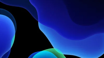 Rounded shapes in cobalt and indigo overlap across the frame, a hint of green where they meet, with black channels left between them.