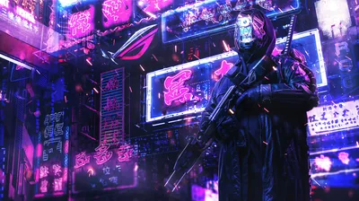 A black-armoured soldier with rifle and katana stands against stacked kanji signboards, magenta light saturating everything except his silhouette at centre right.