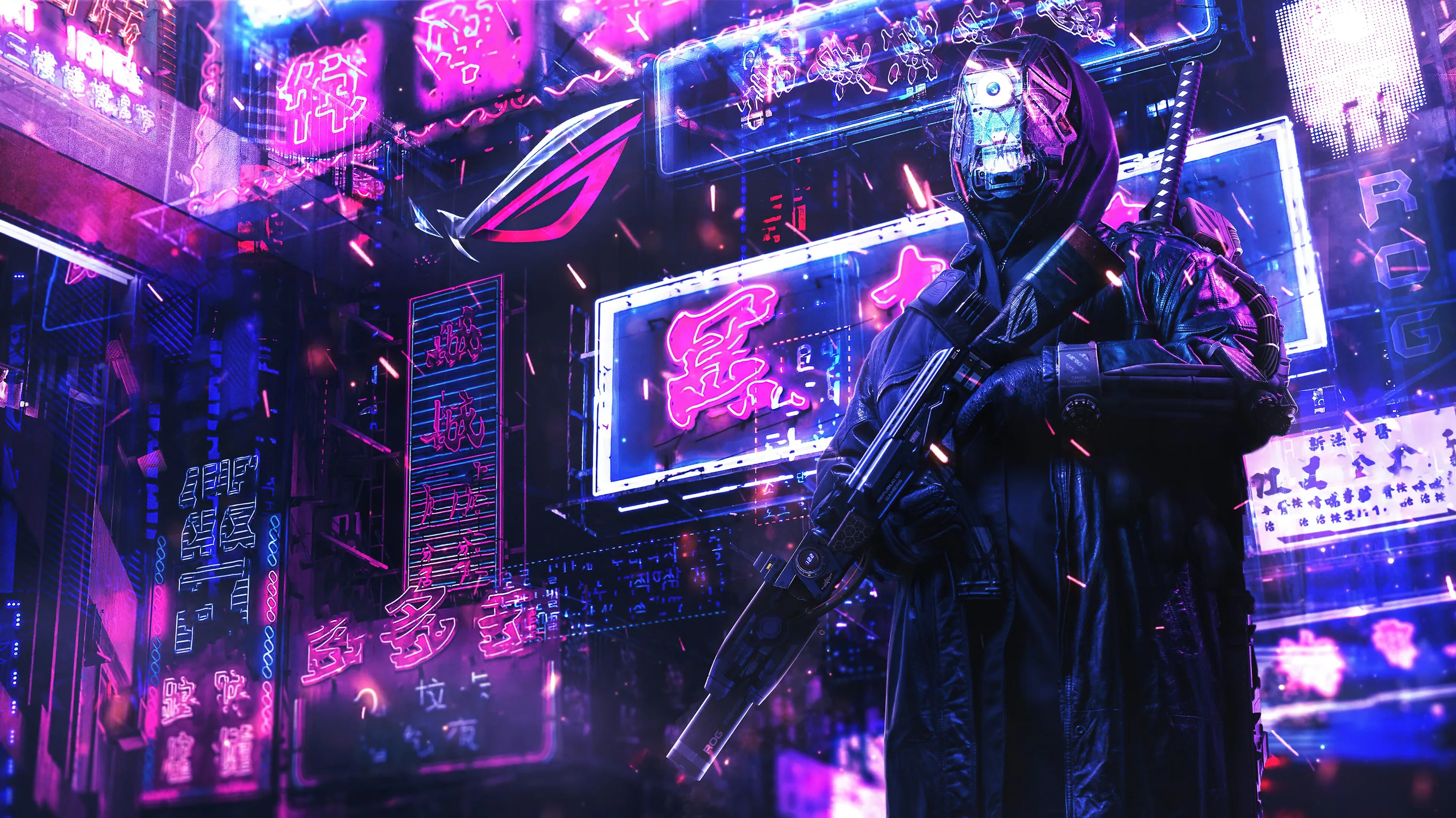 A black-armoured soldier with rifle and katana stands against stacked kanji signboards, magenta light saturating everything except his silhouette at centre right.