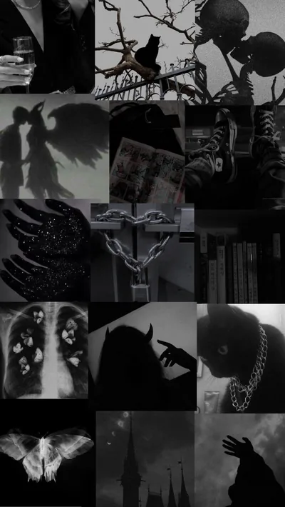 A seated skeleton reading, crows on bare branches, ringed hands, black cats and a wide moth arranged in dim greys, an X-ray of a bird lit brightest in the lower half.