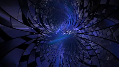 A spiral of mirrored tiles funnels toward a bright core, indigo and violet reflections tightening as they reach the centre.