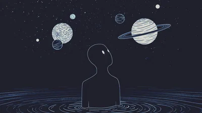 A dark silhouette stands waist-deep in still water while ringed planets hang in the sky above.