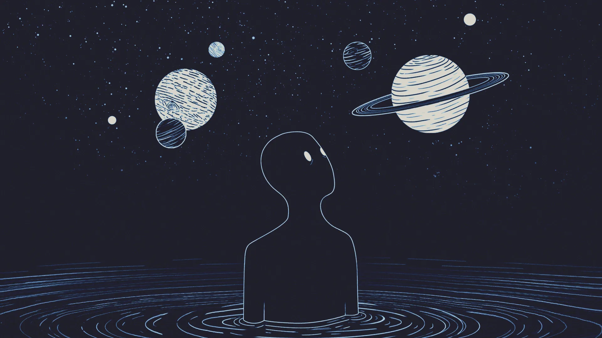 A dark silhouette stands waist-deep in still water while ringed planets hang in the sky above.