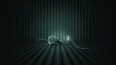 A thin luminous ribbon curves across a backdrop of vertical teal stripes, its glow spilling down onto the floor below in soft streaks.