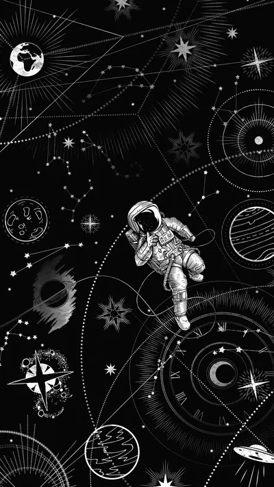An astronaut drifts among hand-drawn planets, compasses and constellation lines sketched in white on black.