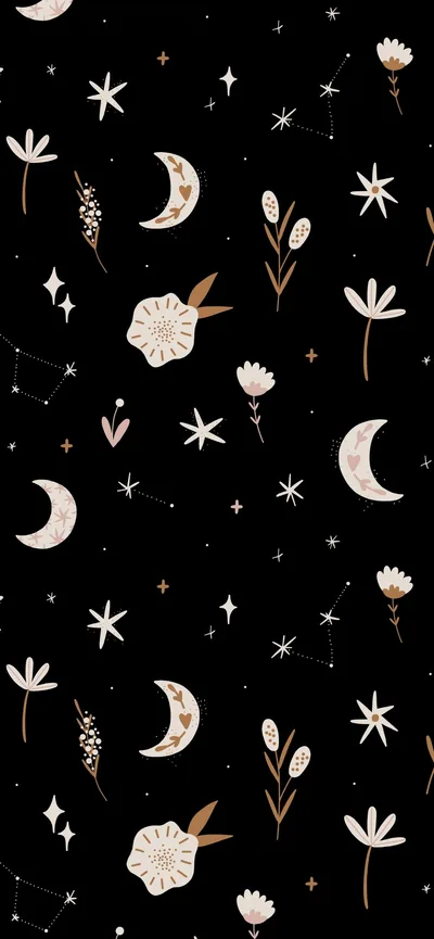 Cream crescent moons with sleeping faces repeat among dried flowers, stars and tiny hearts, the print spread so evenly that icons stay readable anywhere.