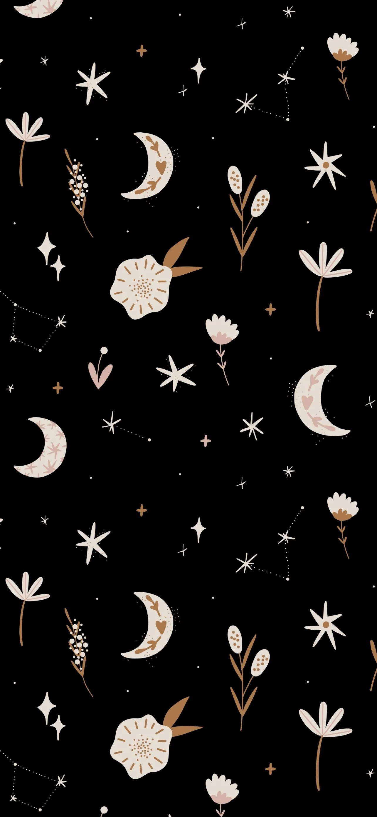 Cream crescent moons with sleeping faces repeat among dried flowers, stars and tiny hearts, the print spread so evenly that icons stay readable anywhere.