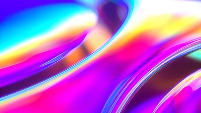 A macro view of glossy chrome rings bending pink, cyan and gold light like spilled petrol, every surface reflecting the holographic sheen back at the viewer.