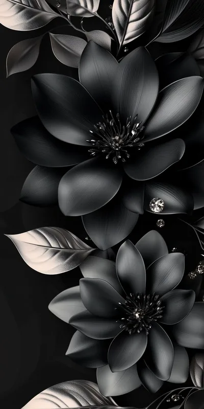 Glossy black blooms with jewelled centres stack down a tall frame, pale metallic leaves curling out between them and catching a soft side light.