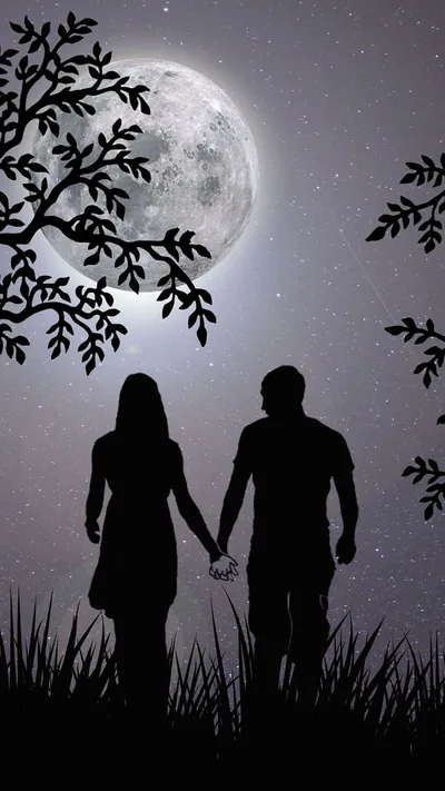 Two silhouettes stand in tall grass beneath a huge moon, leaf-covered branches framing the corners of the starry sky.