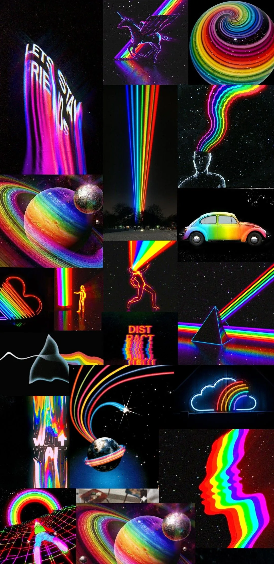 A grid of retro images — ringed planets, a prism beam, a rainbow-striped car — each on its own black tile, so the seams line up neatly behind app rows.
