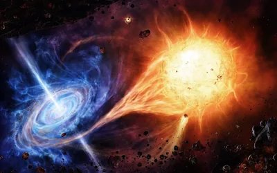 A blue spiral on the left drags a stream of burning gas off an orange star, loose asteroids scattered through the dark between them.