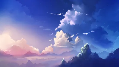 A digital painting of towering clouds above misty hills, pink light washing in from the left and deep blue night taking over the right.