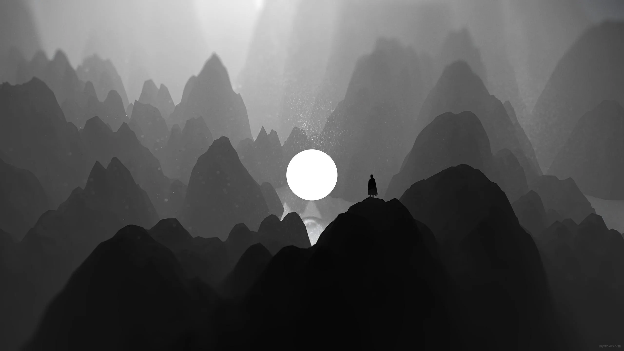 A small silhouette stands on a ridge while a white sun sits low between layered grey peaks that fade back into mist.