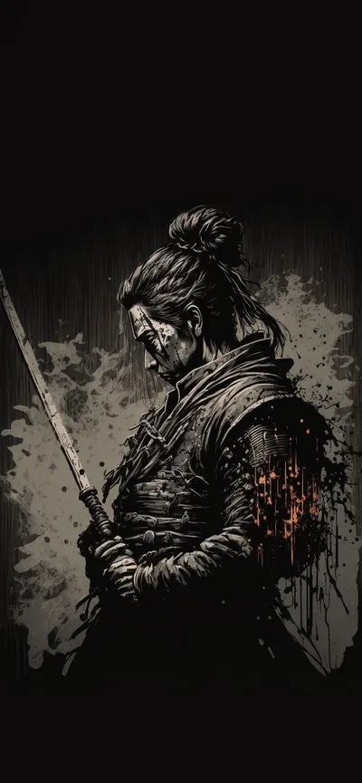 A warrior stands side-on gripping a long blade, armour and topknot drawn in scratchy grey ink with rust-red splatter across the lower body.