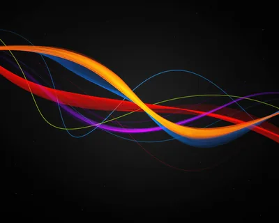 Orange, red and blue ribbons twist together across the middle of a dark grey field, thin yellow and purple threads trailing alongside, all four corners left dark.