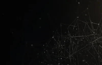 A web of thin lines and nodes gathers in the lower right while the left half stays open black, dust motes floating between.