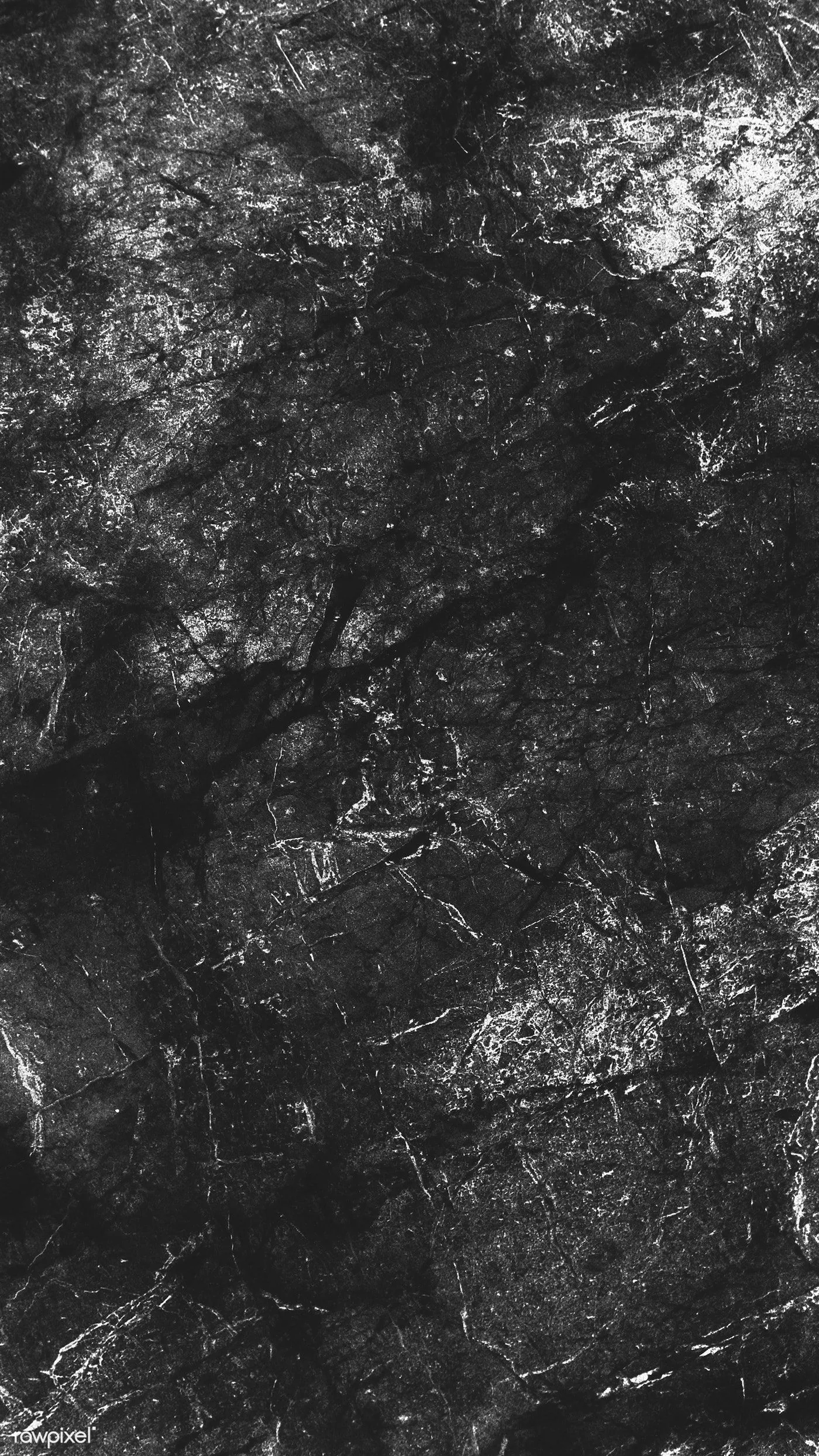 Deep scratches and pale mineral streaks run through near-black marble, the tall frame darkening toward the lower corners.
