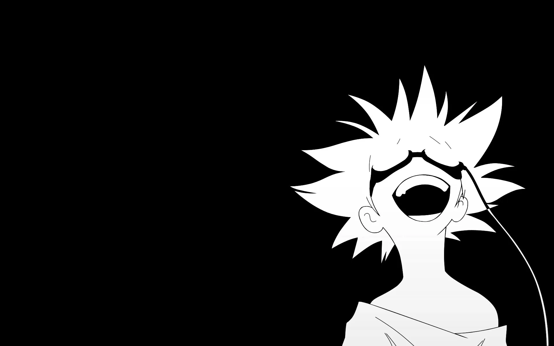 A sketchy figure with spiked hair howls, mouth wide open, drawn in flat white on solid black with a single stray line trailing off to the right.