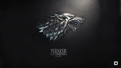 A grey direwolf head crest faces left under a single spotlight, the words Winter Is Coming set in small serif type beneath it.