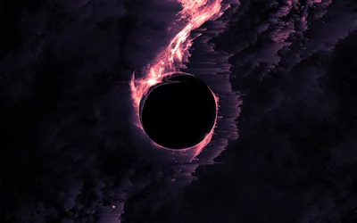 A black disc sits dead centre while pink and violet plasma tears along its upper edge, the rest of the frame left to dark nebula cloud.