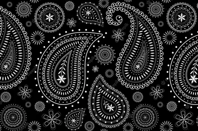 Big outlined paisley teardrops sit among starbursts, small flowers and dotted rings in white line work, laid out the way a printed bandana repeats.