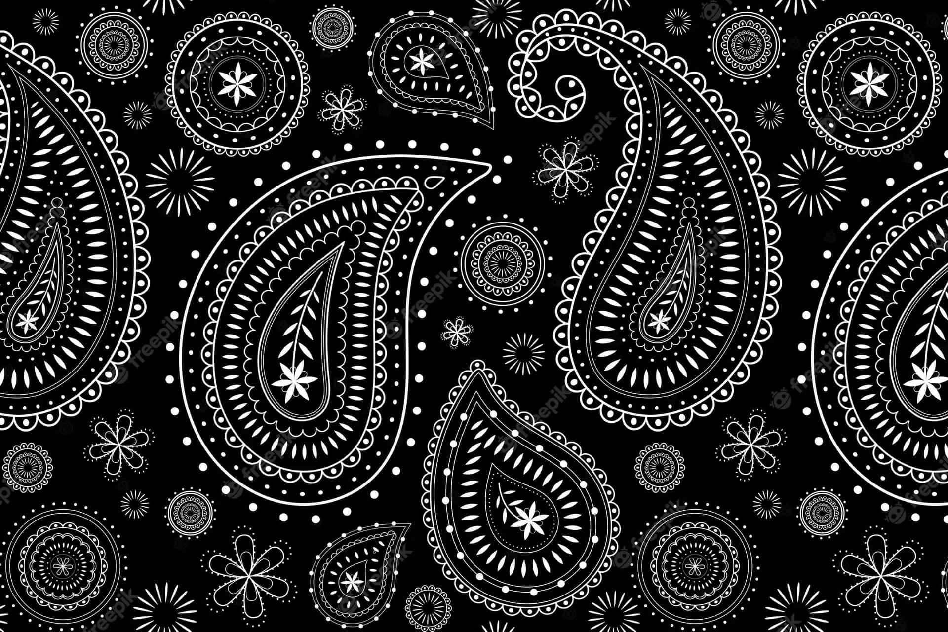 Big outlined paisley teardrops sit among starbursts, small flowers and dotted rings in white line work, laid out the way a printed bandana repeats.